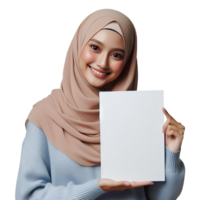 ai gerado uma muçulmano mulher vestindo uma hijab é segurando uma branco papel png