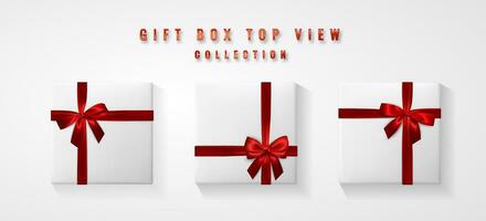 Set White Gift box with red bow and ribbon top view. Element for decoration gifts, greetings, holidays. Vector illustration