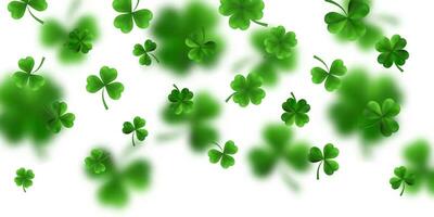 Saint Patrick's Day Border with Green Four and Tree 3D Leaf Clovers on White Background. Irish Lucky and success symbols. Vector illustration