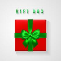 Set Red Gift box with green bow and ribbon top view. Element for decoration gifts, greetings, holidays. Vector illustration