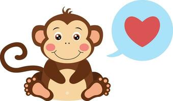 linda mono con corazón en habla burbuja vector