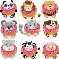 Set of cute animals inside a delicious donut vector