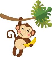 Happy monkey hanging from palm branch holding a banana vector