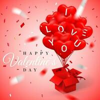 Happy Valentines Day background, balloon in form of heart with bow and ribbon and open red box. Vector illustration