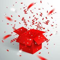 Open Red Gift Box and Confetti. Christmas and Valentine Background. Vector Illustration