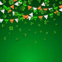 Saint Patrick's Day Border with Green Four and Tree 3D Leaf Clovers with Flags Garland. Irish Lucky and success symbols. Vector illustration