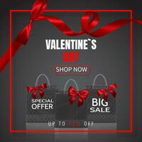 Valentines Day Sale. Realistic Paper shopping bag with handles and red bow, ribbon, isolated on dark background. Vector illustration