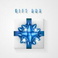 White gift box with blue bow and ribbon top view. Element for decoration gifts, greetings, holidays. Vector illustration