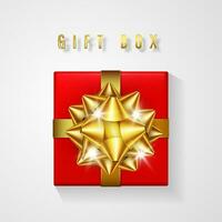 Red gift box with golden bow and ribbon top view. Element for decoration gifts, greetings, holidays. Vector illustration