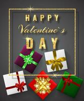 Happy Valentines Day Golden glitter sparkle. Gift box with bow and ribbon top view. Element for decoration gifts, greetings, holidays. Vector illustration