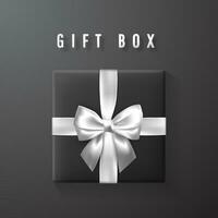 Black gift box with white, silver bow and ribbon top view. Element for decoration gifts, greetings, holidays. Vector illustration