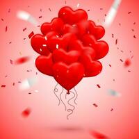 Happy Valentines Day background, red balloon in form of heart with bow, ribbon and confetti. Vector illustration