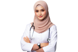 ai gegenereerd mooi vrouw dokter vervelend een hijab Aan een transparant achtergrond PNG