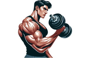 ai généré une homme est Faire biceps boucles avec une haltère - dessin animé style sur une transparent Contexte png