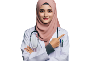 AI generated Beautiful woman doctor wearing a hijab on a transparent background PNG