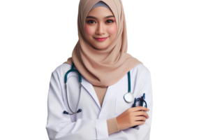 ai generado hermosa mujer médico vistiendo un hijab en un transparente antecedentes png