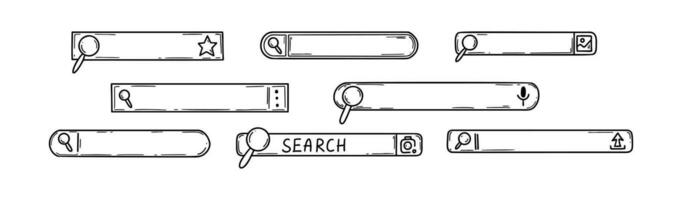 Doodle picture, photo, voice search bar set. Hand drawn internet information find. Website browser box sketch. Magnifying glass button. Computer interface. Bookmark symbol vector