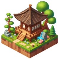 AI generated wooden house surrounded by trees - 3d isometric on transparent background png