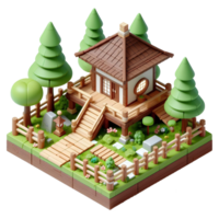 AI generated wooden house surrounded by trees - 3d isometric on transparent background png