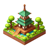 AI generated wooden house surrounded by trees - 3d isometric on transparent background png