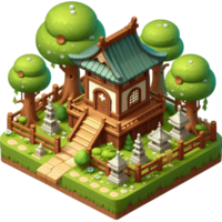 AI generated wooden house surrounded by trees - 3d isometric on transparent background png