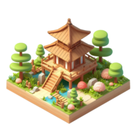 AI generated wooden house surrounded by trees - 3d isometric on transparent background png