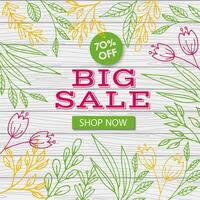 Big sale banner template. Vector discount flyer. Flowers on wooden background