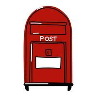 Red mailbox with legs on white. Modern vector illustration, hand-drawn. An isolated design element. Delivery, message, communication. Mailbox, mailbox for mailboxes, mailbox for letters, mail, message