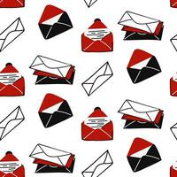 Vector seamless pattern of closed and open envelopes with letters in red, black, and white colors. Hand-drawn postal background with envelopes, mail, letters. Envelopes with letters from loved ones