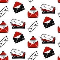 Vector seamless pattern of closed and open envelopes with letters in red, black, and white colors. Hand-drawn postal background with envelopes, mail, letters. Envelopes with letters from loved ones