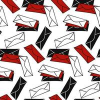 Vector seamless pattern of closed envelopes, letters in red, black, white colors. Hand-drawn postal background with envelopes, Valentine's day mail, flying letters. Envelopes with letters from loved