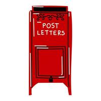 Red large mailbox with legs and a white. Modern vector illustration, hand-drawn. An isolated design element. Delivery, message, communication concept. Mailbox, mailbox box, letter box, mail, post.