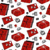 Vector seamless pattern of closed envelopes with letters, parcels, stamps in red, black, white colors. Hand-drawn postal background with envelopes, stamps, envelopes in a stack. Mail correspondence