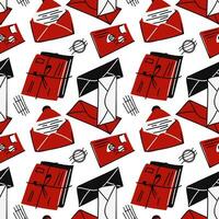 Vector seamless pattern of closed and open envelopes with letters in red, black, and white colors. Hand-drawn postal background with envelopes, stamps, envelopes in a stack. Mail correspondence