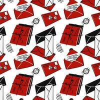 Vector seamless pattern of closed and open envelopes with letters in red, black, and white colors. Hand-drawn postal background with envelopes, stamps, envelopes in a stack. Mail correspondence