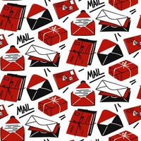 Vector seamless pattern of closed, open envelopes, parcels, a bunch of letters in red, black, white colors. A hand-drawn postal background with envelopes and the inscription mail. Mail correspondence