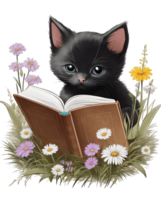 ai gerado pequeno Preto gatinho lendo uma livro retro gráficos em uma floral fundo png