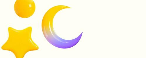 Banner with glossy golden 3d crescent moon, star, ball in realistic style on white background. Falling yellow cartoon plastic icons. Vector illustration