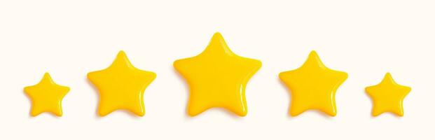 Five glossy golden 3d stars realistic style. Symbol icon design for game, rating, ui, feedback, website. Yellow plastic stars isolated on white background. Vector illustration