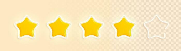 Five glossy golden 3d stars with white neon frames in realistic style. Symbol design for game, ui, feedback, website. Rating concept. Yellow plastic stars on a light background. Vector illustration