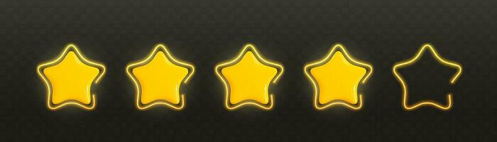 Five glossy golden 3d stars with neon frames in realistic style. Symbol design for game, ui, feedback, website. Rating concept. Yellow plastic stars on dark background. Vector illustration