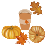 Autumn illustration consisting of elements of pumpkins, a cup of coffee, oak and maple leaves on a transparent background. Elements for your autumn compositions png