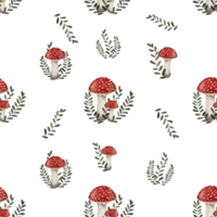 Beautiful illustration pattern of an inedible fly agaric mushroom with a red cap and a white dot on a transparent neutral background png