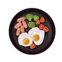 Illustration depicting a black round plate with fried eggs, sausages, tomatoes and broccoli on a neutral transparent background png