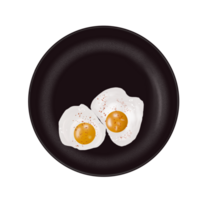 illustratie beeltenis een zwart ronde bord met gebakken eieren, worstjes, tomaten en broccoli Aan een neutrale transparant achtergrond png