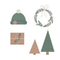 Beautiful pattern illustration with elements of Christmas tree, gift box, wreath, winter hat in green and brown colors png