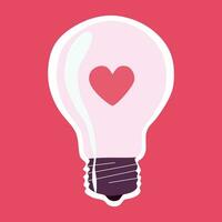 Light Bulb with Heart inside, Vector Sticker. Isolated Flat or Cartoon illustration. Valentines Day and Romantic Concept Design Element. Graphic Art for Greeting Card, Poster, Flyer. Love is Power