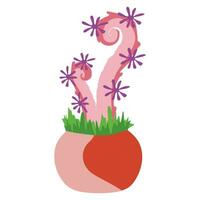 Close up Cute fan Alien Plant with Flowers and tentacles in Flower pot. Pink Botanical Graphic Art isolated on white background. Bright color Fantasy Design element for Book, Card, Poster, Banner. vector