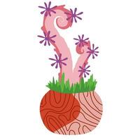 fantasía planta en flor maceta. elemento para juego con extraterrestre plantas con tentáculo aislado en blanco antecedentes. rosado organismo, monstruo, criatura con tentáculos diseño Arte para libro, póster, imprimir, tarjeta. vector