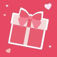 encantador presente regalo caja plano icono. linda romántico rosado presente paquete con arco cinta y corazones en antecedentes. enamorado día sorpresa, Perfecto fecha, aniversario de amor. aislado objeto para pegatina. vector